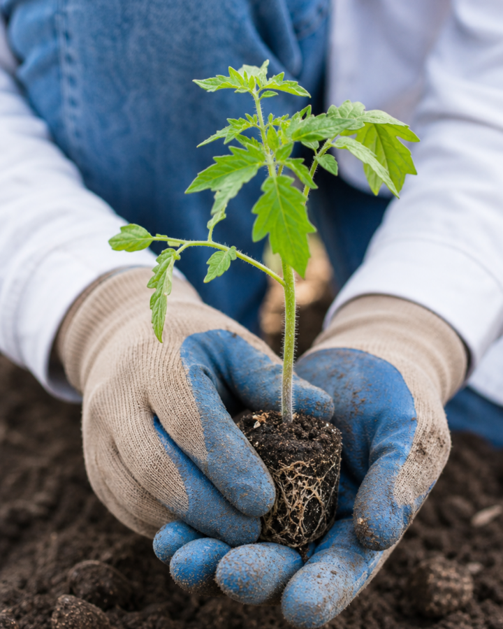 Young tomato seedling held in gloved hands before planting