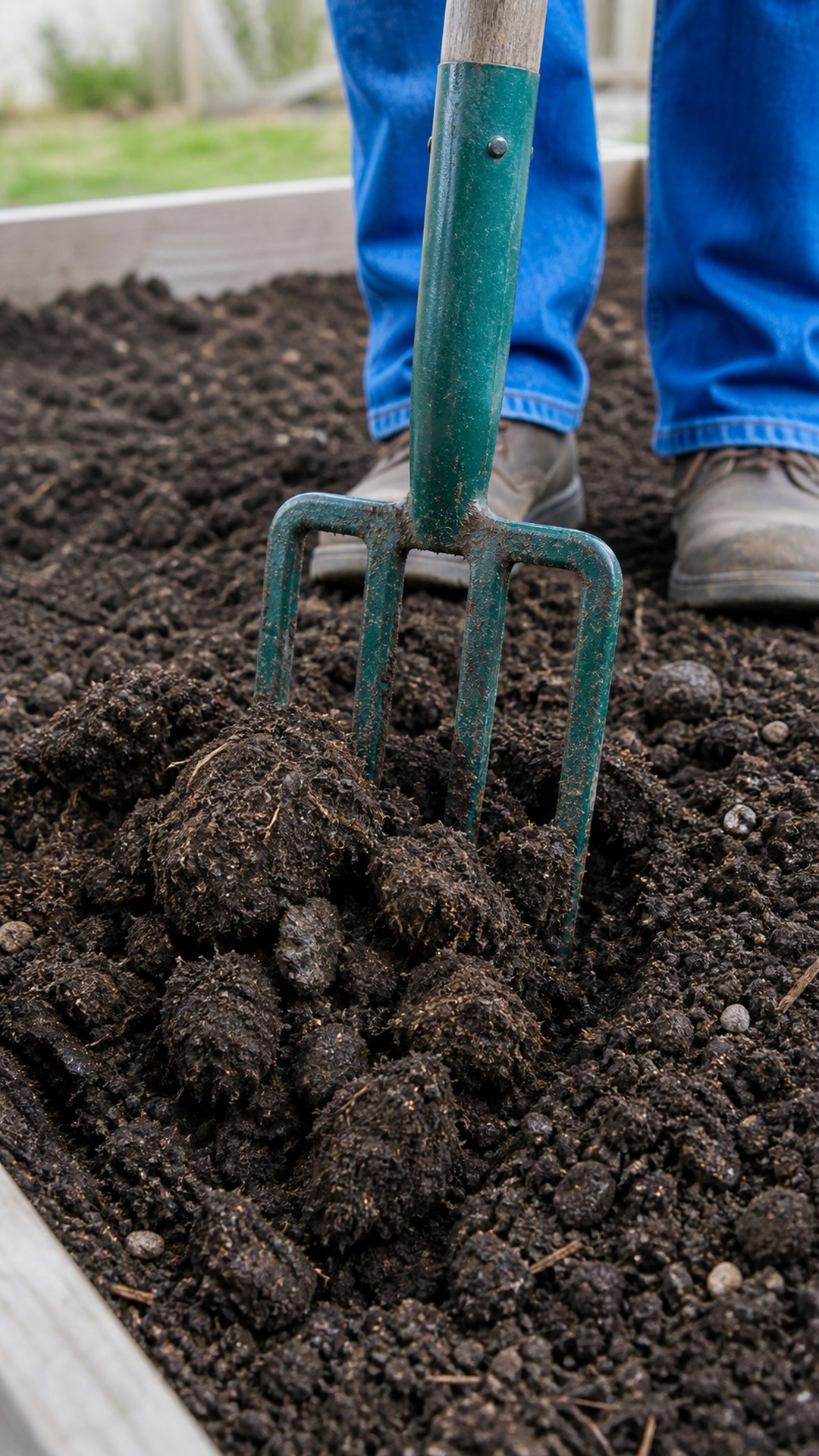 Loose garden soil amended with compost before planting tomato seedlings