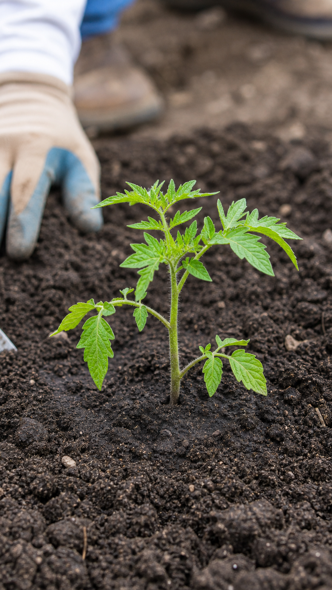 Newly planted tomato seedling inside a cage with moist soil after watering