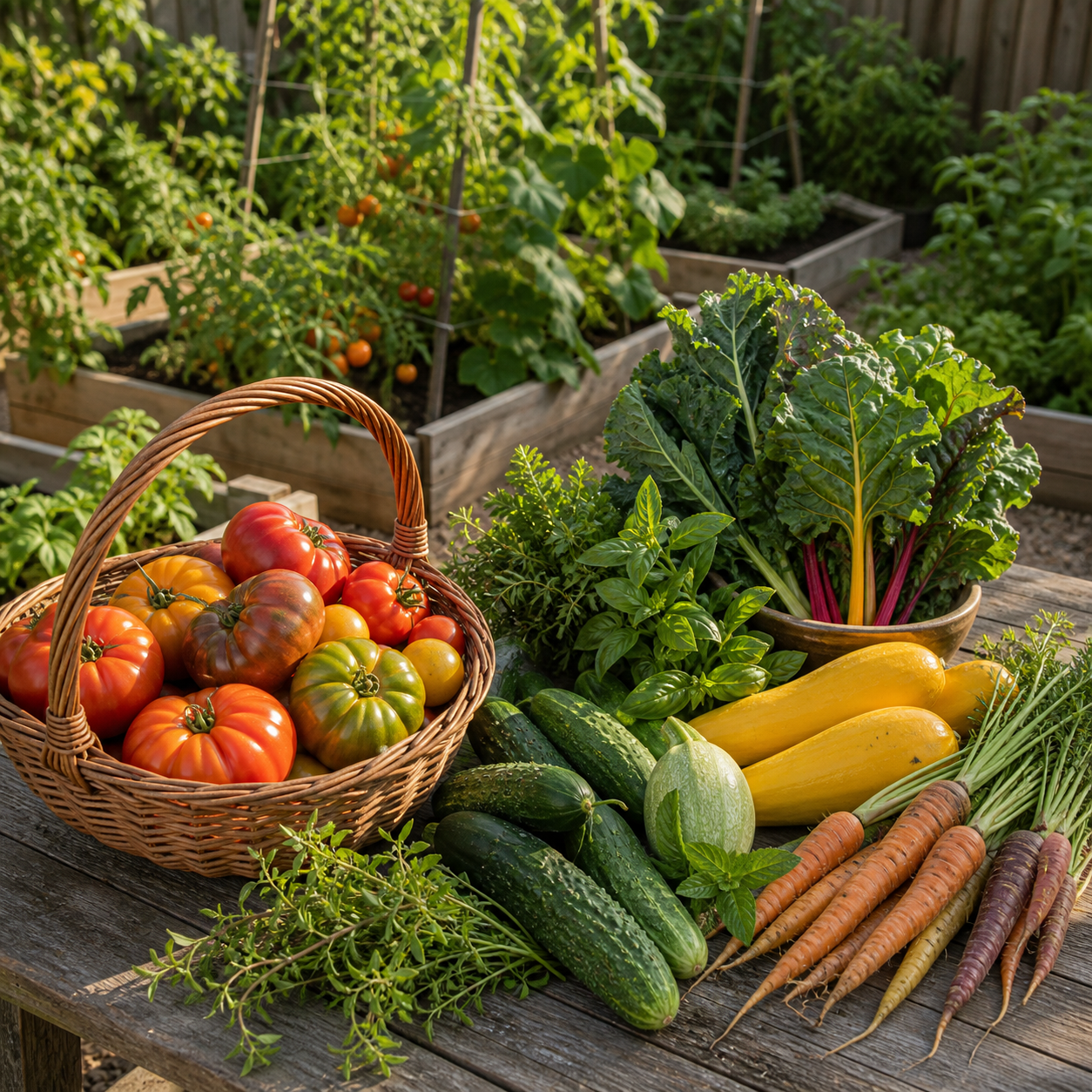 Fresh organic garden harvest with vegetables and herbs on an outdoor table