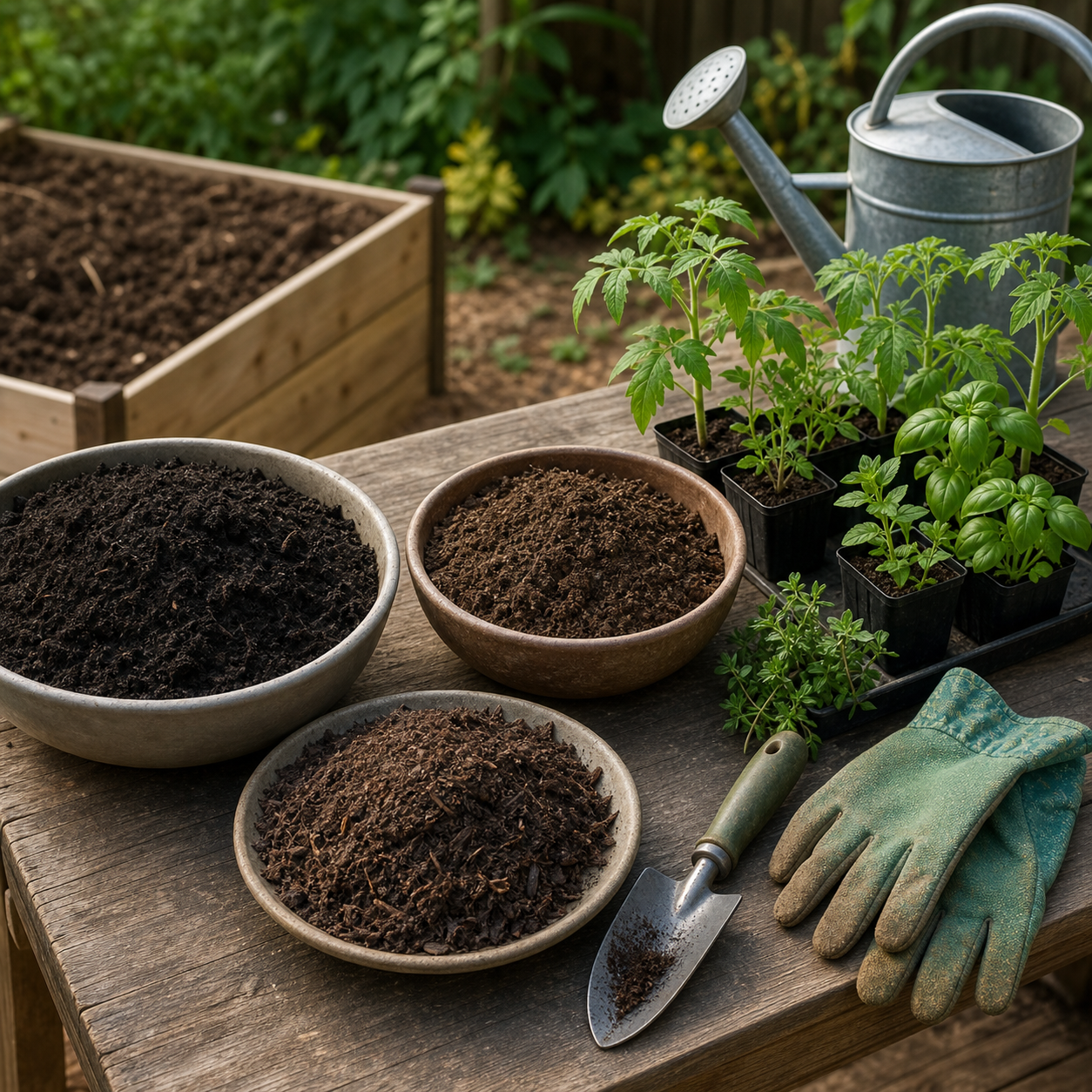 Organic garden materials with compost soil seedlings gloves trowel and watering can