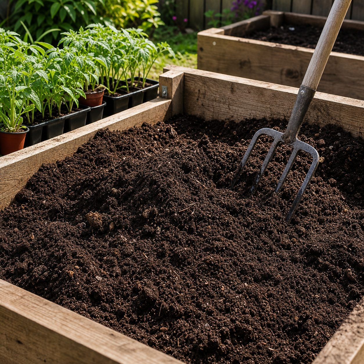 Raised garden bed with dark soil and compost prepared with a garden fork