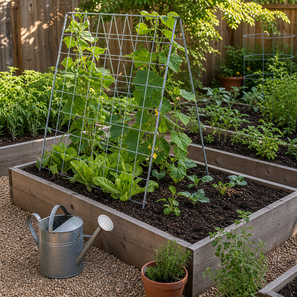 Small raised bed garden planted under an A-frame trellis