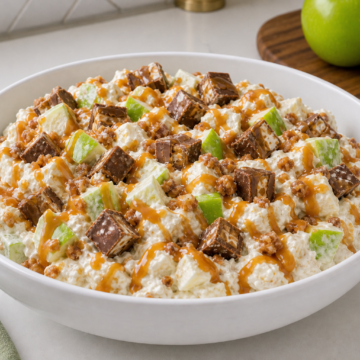 Apple Snickers Salad in a white bowl with green apples, chopped candy, toffee bits, and caramel drizzle.