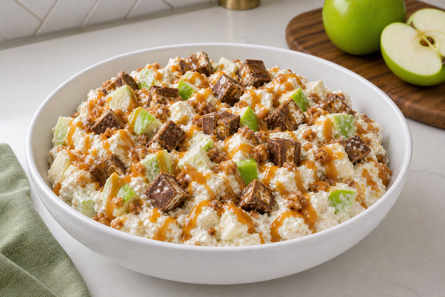 Apple Snickers Salad in a white bowl with green apples, chopped candy, toffee bits, and caramel drizzle.