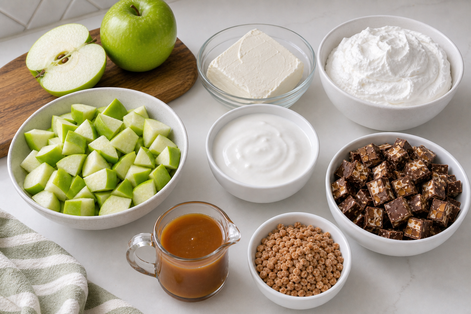 Ingredients for Apple Snickers Salad including Granny Smith apples, cream cheese, whipped topping, marshmallow creme, chopped candy bars, toffee bits, and caramel.