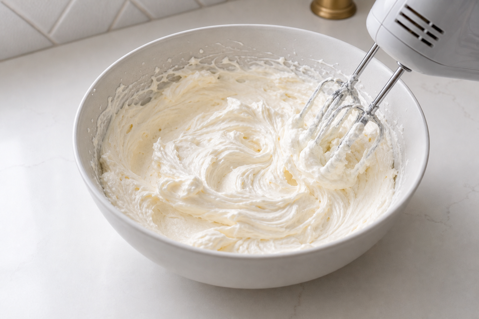 Cream cheese, marshmallow creme, and whipped topping mixed until smooth and fluffy for Apple Snickers Salad.