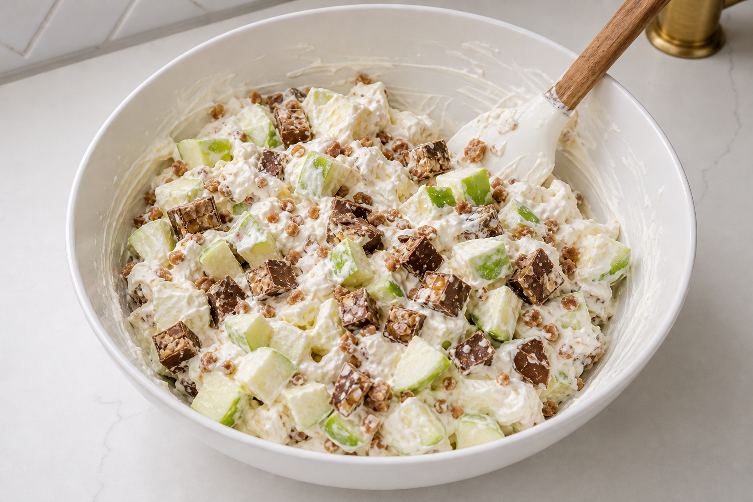 Chopped Granny Smith apples, candy bar pieces, and toffee bits folded into creamy Apple Snickers Salad base.