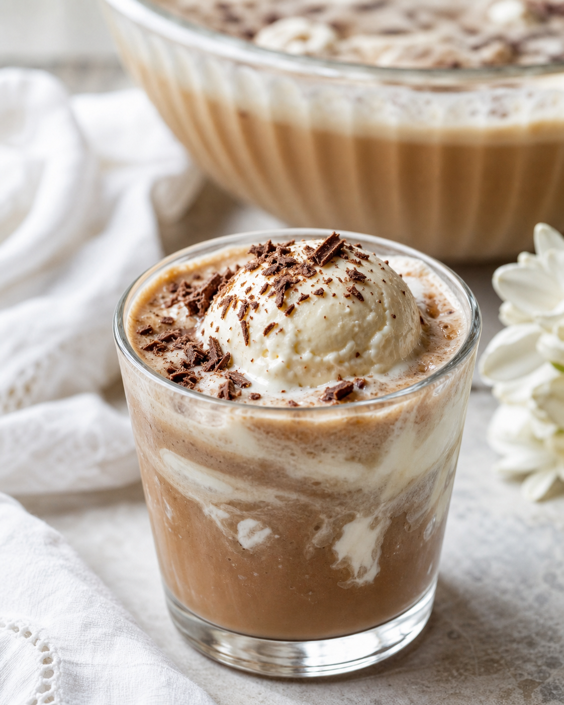 Creamy mocha coffee punch served in a glass with vanilla ice cream and chocolate shavings