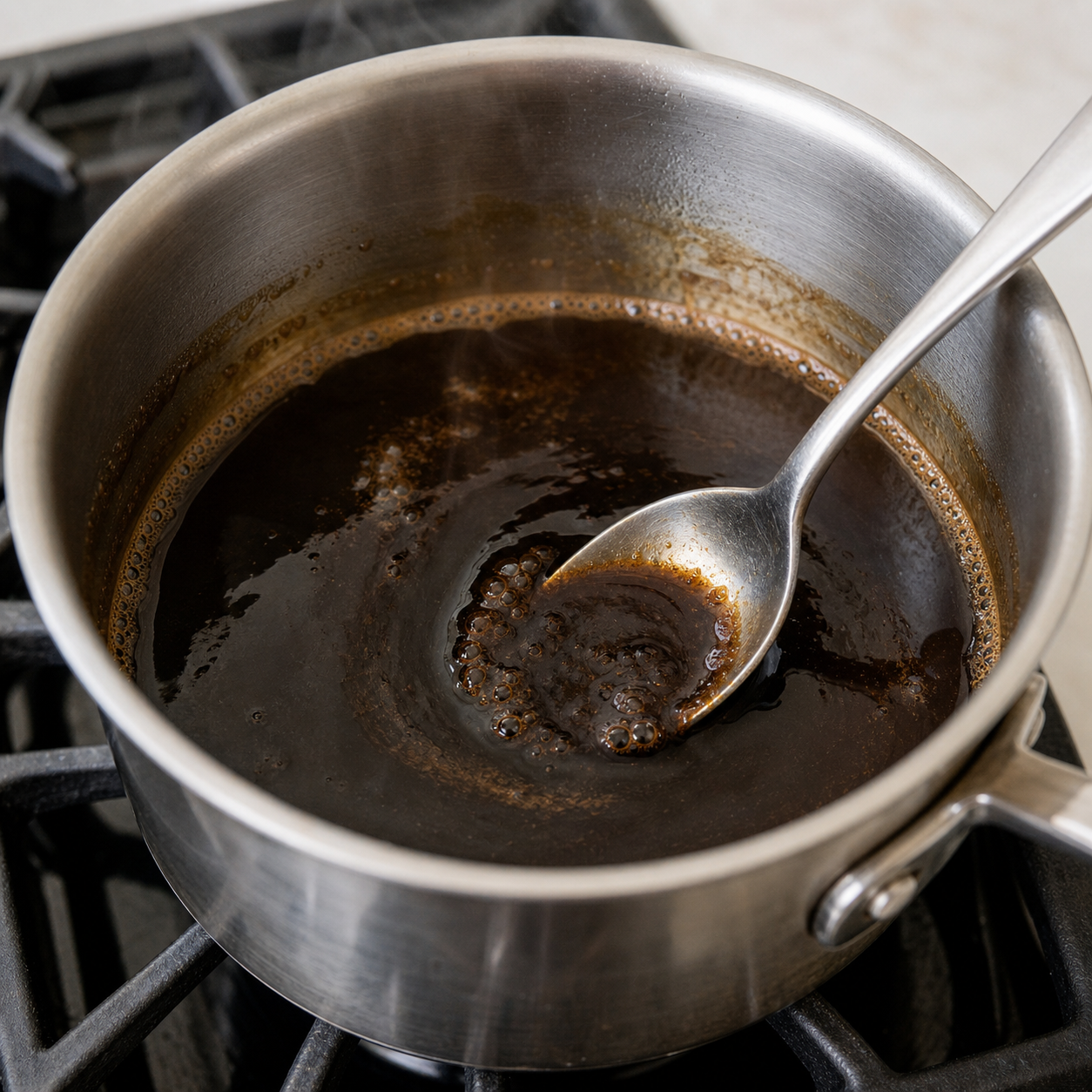 Instant coffee dissolved into a dark coffee syrup base in a saucepan for coffee punch