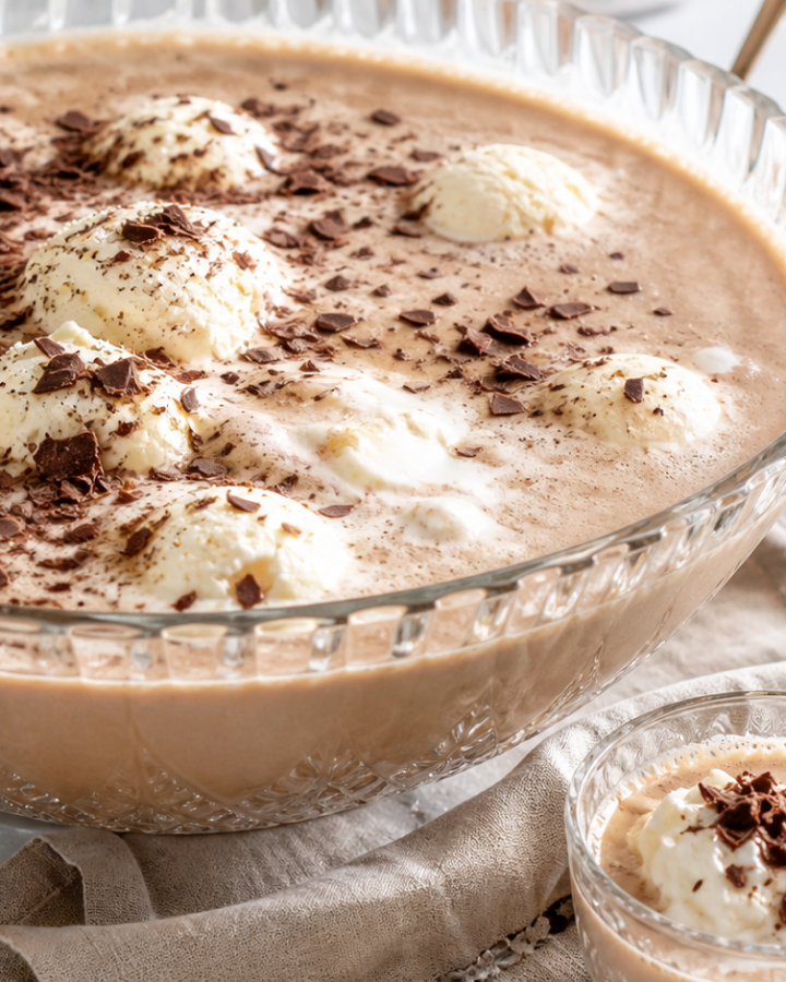 Southern coffee punch served in a glass punch bowl with vanilla ice cream and chocolate shavings
