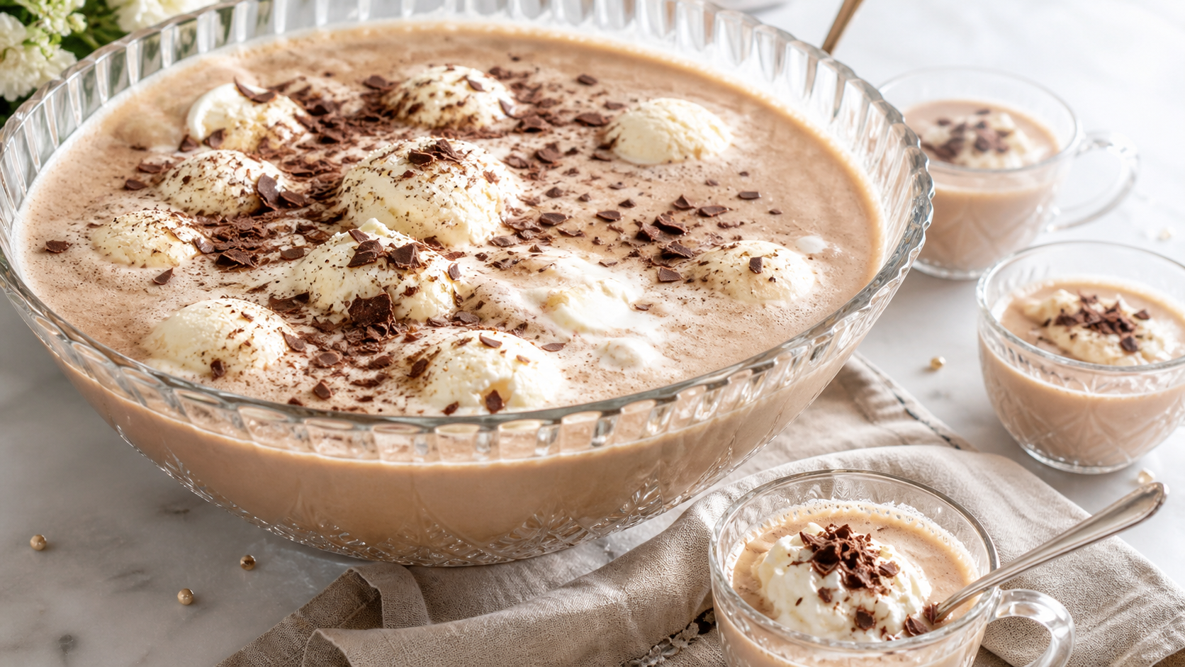 Southern coffee punch served in a glass punch bowl with vanilla ice cream and chocolate shavings