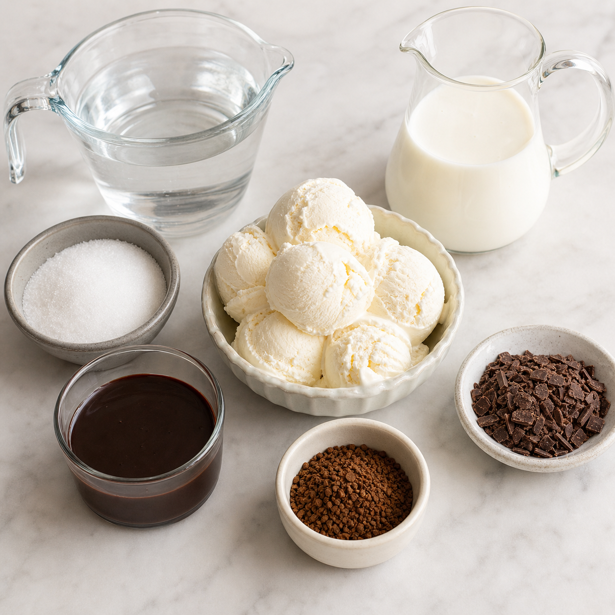Ingredients for Southern coffee punch including sugar, water, instant coffee, milk, chocolate syrup, vanilla ice cream, and chocolate shavings
