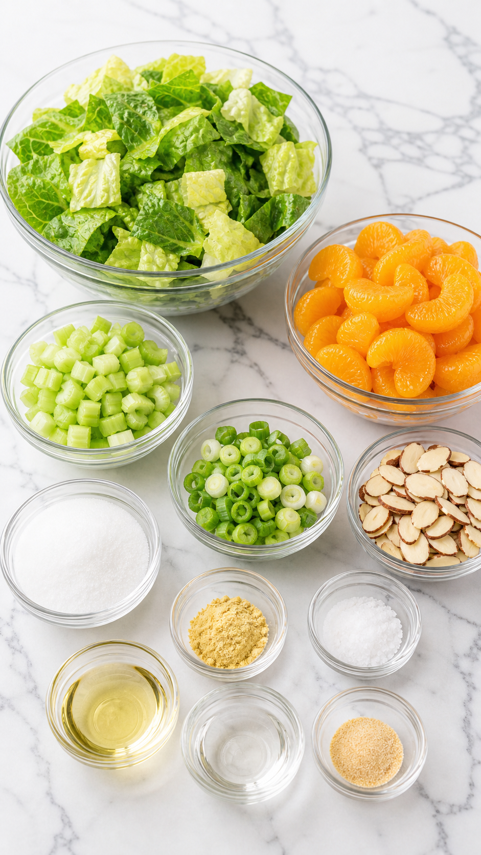 Ingredients for mandarin orange salad arranged in bowls on a white quartz countertop
