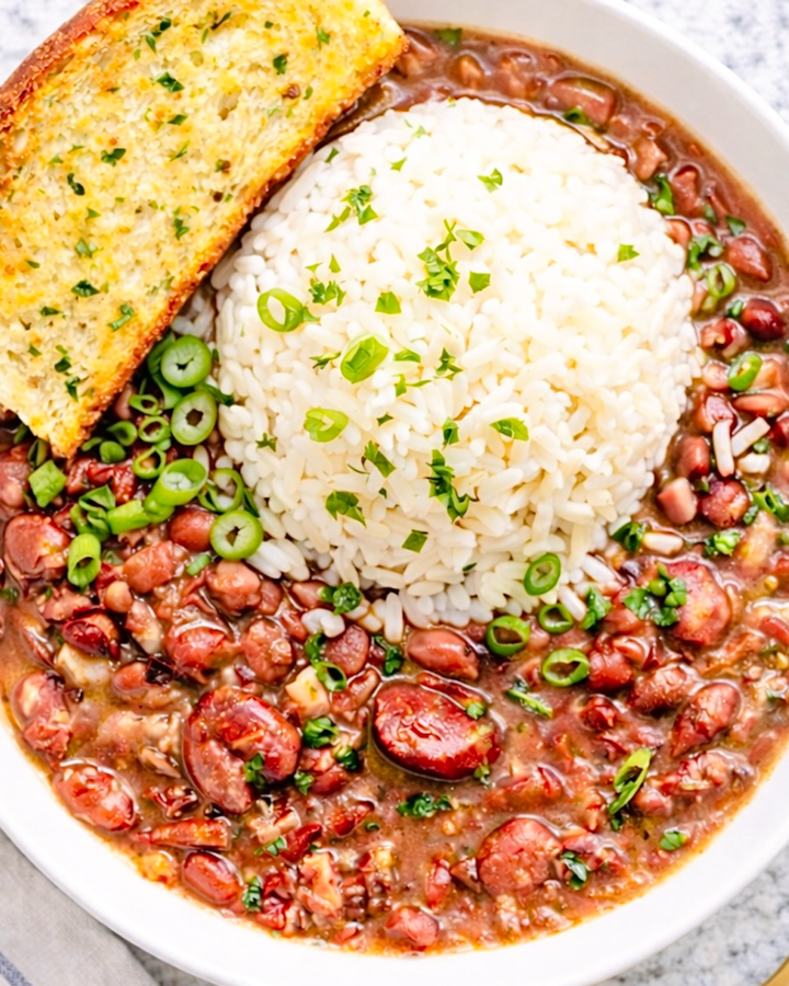 Cajun red beans and rice served in a white bowl with fluffy white rice, sliced green onions, and garlic bread on the side