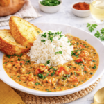 Creamy crawfish étouffée served over white rice with garlic bread and parsley garnish