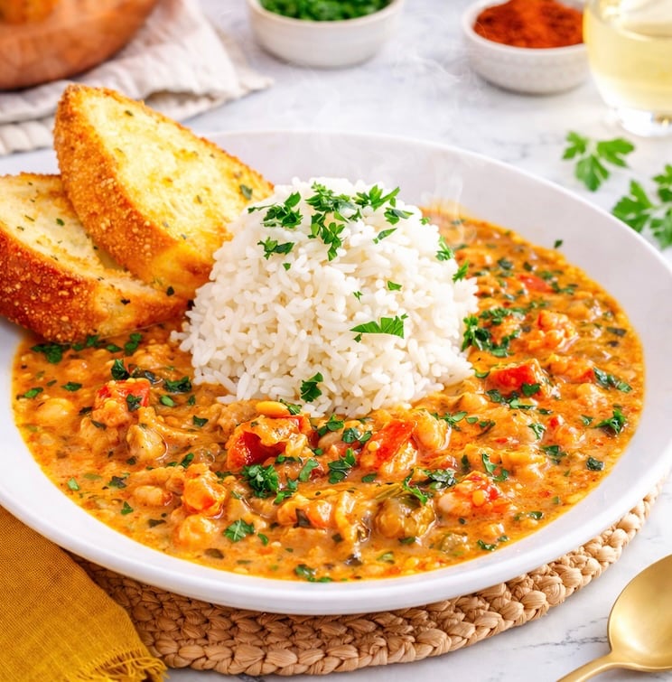 Creamy crawfish étouffée served over white rice with garlic bread and parsley garnish