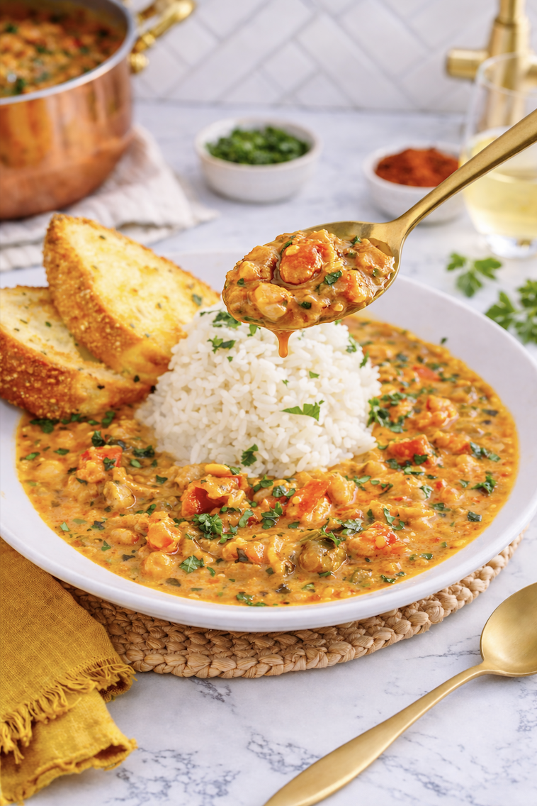 Spoon lifting creamy crawfish étouffée showing thick Cajun sauce and tender crawfish tails