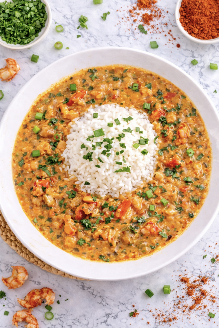 Crawfish étouffée with ingredient styling including green onions and Cajun seasoning