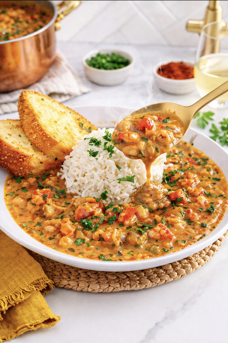 Spoon pouring creamy crawfish étouffée sauce over rice with garlic bread on the side