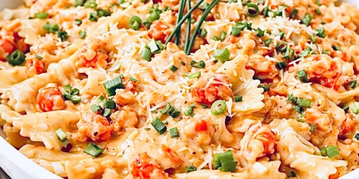 Creamy crawfish pasta with bow tie noodles in a white baking dish, topped with chopped green onions and grated Parmesan cheese.