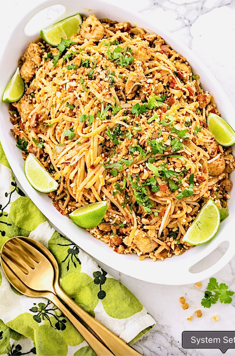top view of chicken pad thai with rice noodles, chopped peanuts, cilantro, and lime wedges in white serving dish