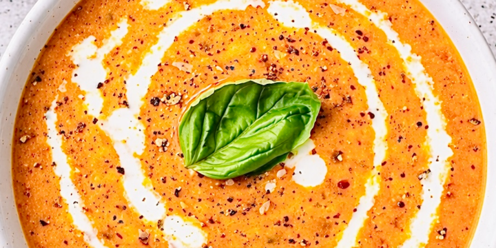 Creamy tomato soup garnished with a swirl of cream, cracked black pepper, and a fresh basil leaf, served in a white bowl on a light kitchen countertop with gold utensils.