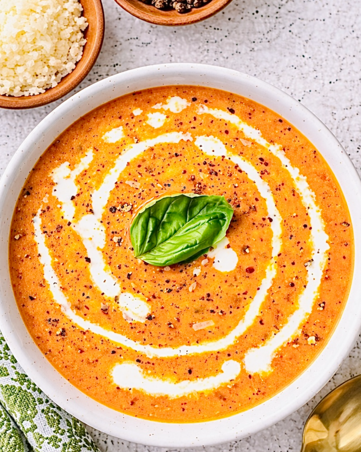 Creamy tomato soup garnished with a swirl of cream, cracked black pepper, and a fresh basil leaf, served in a white bowl on a light kitchen countertop with gold utensils.