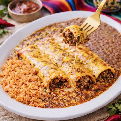 Tex-Mex beef enchiladas with chili gravy served with Mexican rice and refried beans, topped with melted cheddar cheese and a fork lifting a bite