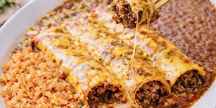 Tex-Mex beef enchiladas with chili gravy served with Mexican rice and refried beans, topped with melted cheddar cheese and a fork lifting a bite