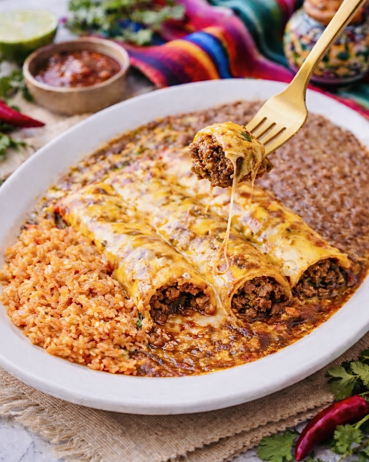 Tex-Mex beef enchiladas with chili gravy served with Mexican rice and refried beans, topped with melted cheddar cheese and a fork lifting a bite