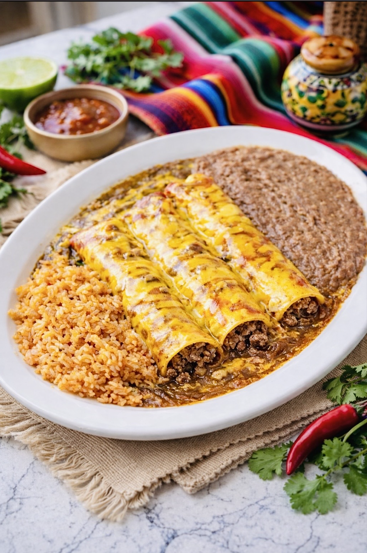 Tex-Mex style beef enchiladas with chili gravy on a plate with Mexican rice and refried beans