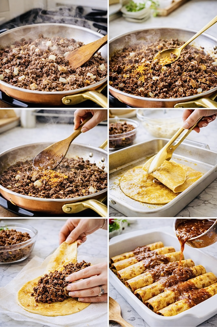 Step-by-step process of making Tex-Mex beef enchiladas with chili gravy including browning ground beef, seasoning filling, softening corn tortillas, filling, and pouring chili gravy over rolled enchiladas