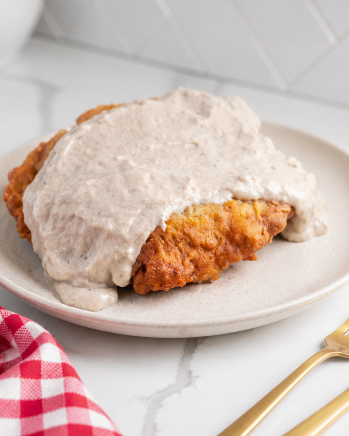 Crispy chicken fried steak covered with peppered cream gravy on a white ceramic plate.