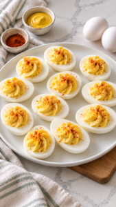 Classic deviled eggs with piped yellow filling and paprika on a white platter.
