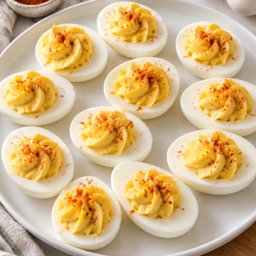 Classic deviled eggs with piped yellow filling and paprika on a white platter.