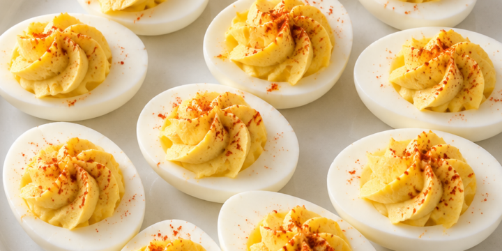 Classic deviled eggs with piped yellow filling and paprika on a white platter.