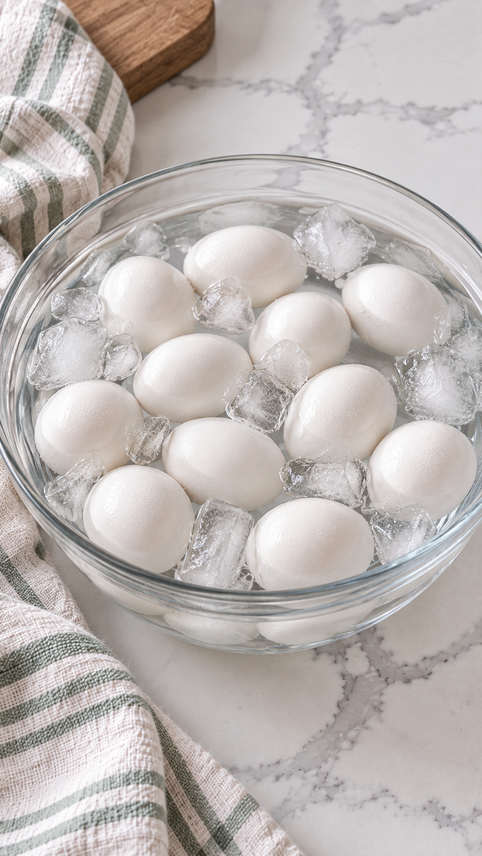 Whole cooked eggs cooling in a glass bowl of ice water.