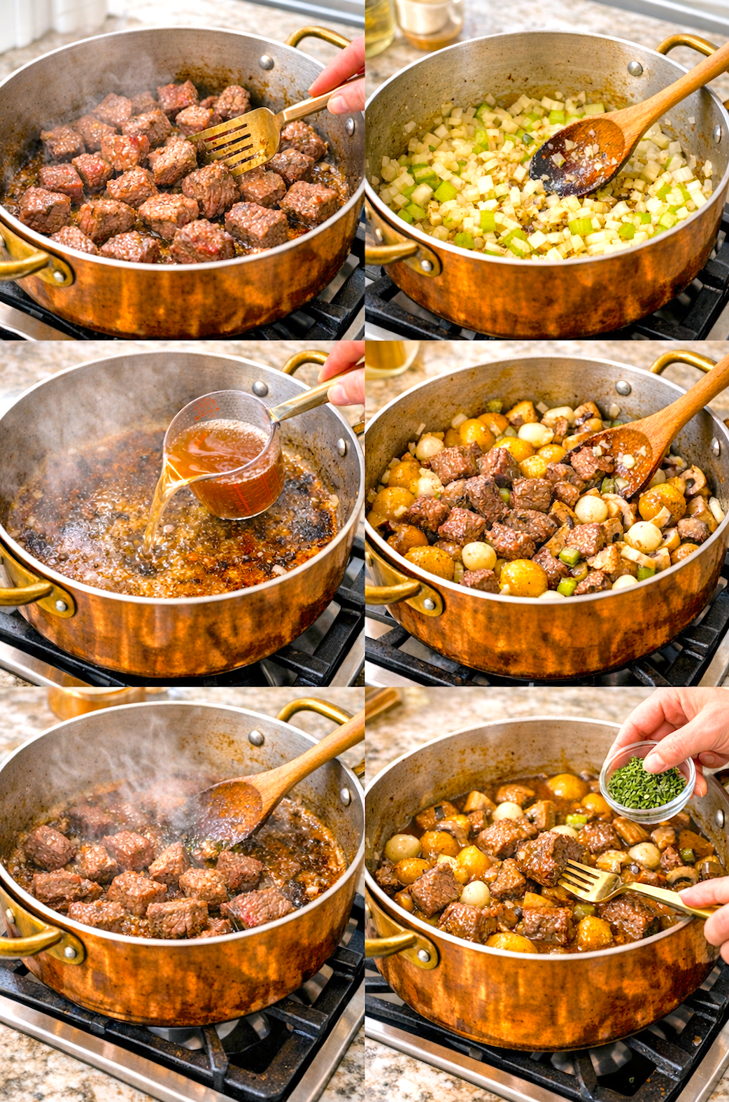 Six-step overhead cooking process showing beef stew preparation in a copper pot, including browning cubed beef, sautéing onions and celery, deglazing browned bits with broth, adding potatoes and pearl onions, simmering the stew, and finishing with fresh thyme.