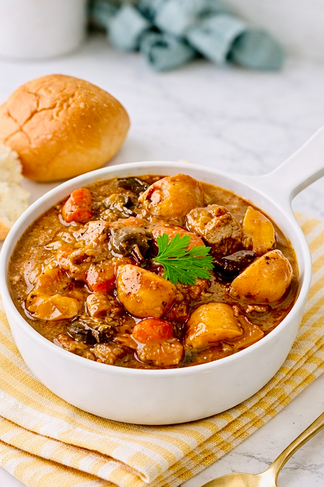 White handled bowl filled with beef stew containing tender beef chunks, potatoes, carrots, mushrooms, and thick gravy, set on a folded yellow towel with a dinner roll in the background.