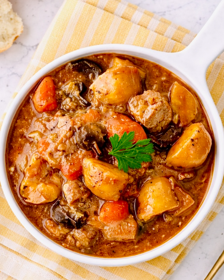 Overhead view of beef stew in a white bowl, showing chunks of beef, potatoes, carrots, mushrooms, and rich gravy, garnished with a parsley leaf and placed on a yellow cloth.