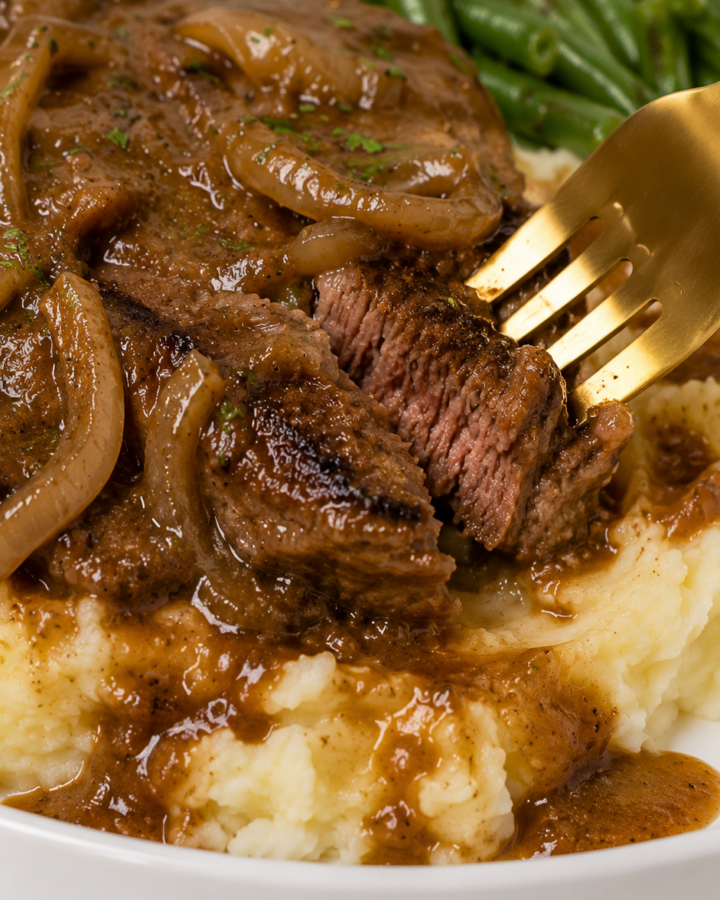 Fork cutting into fork-tender smothered steak with onion gravy over creamy mashed potatoes, served with green beans.