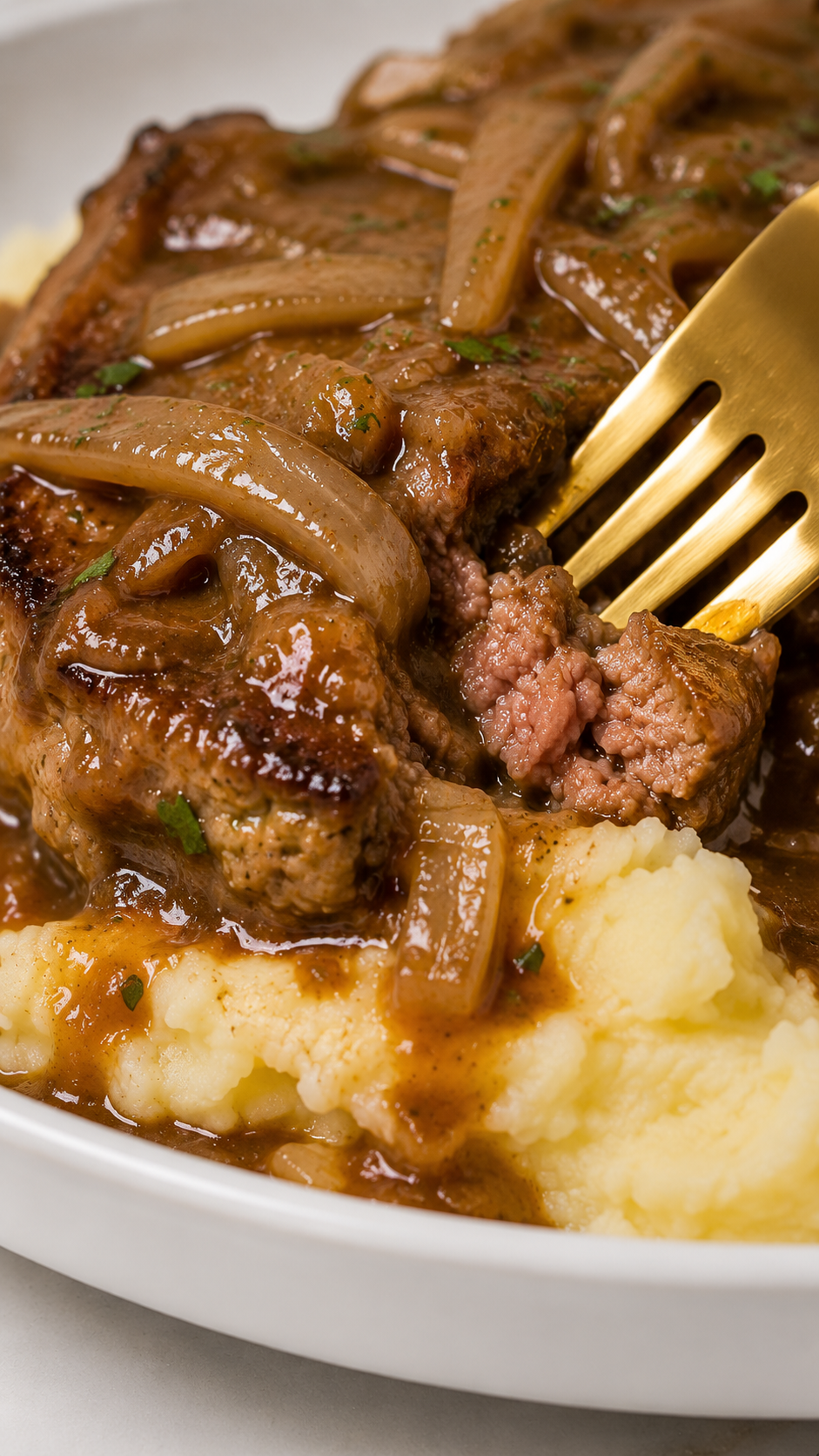 Close-up of fork-tender smothered steak covered in onion gravy over homemade mashed potatoes.