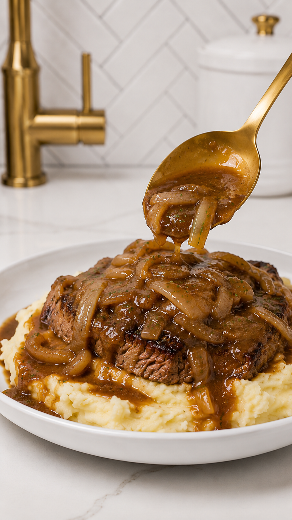 Onion gravy being spooned over smothered steak served on a bed of creamy mashed potatoes.