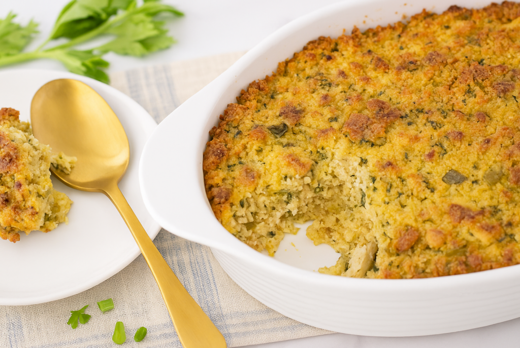 Southern Cornbread Dressing in a White Casserole Dish