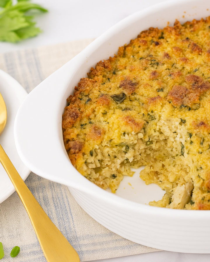 Southern Cornbread Dressing in a White Casserole Dish