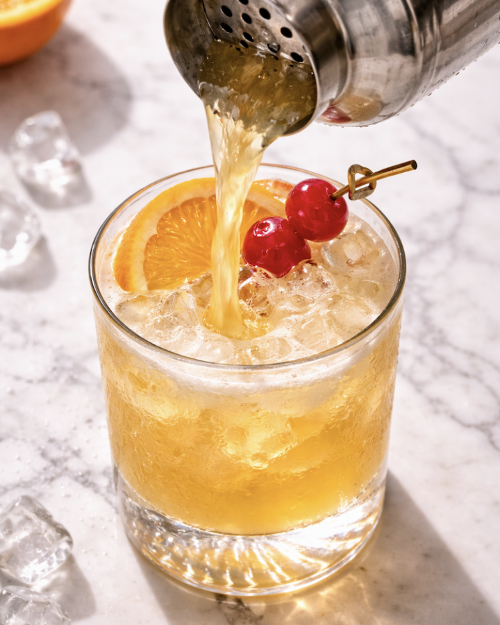 Whiskey sour being poured from cocktail shaker into rocks glass with fresh ice, orange slice, and maraschino cherries