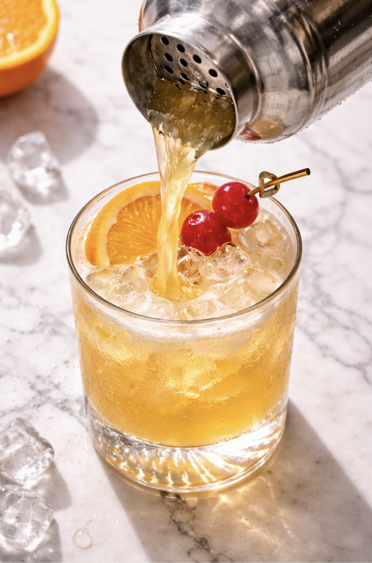 Whiskey sour being poured from cocktail shaker into rocks glass with fresh ice, orange slice, and maraschino cherries