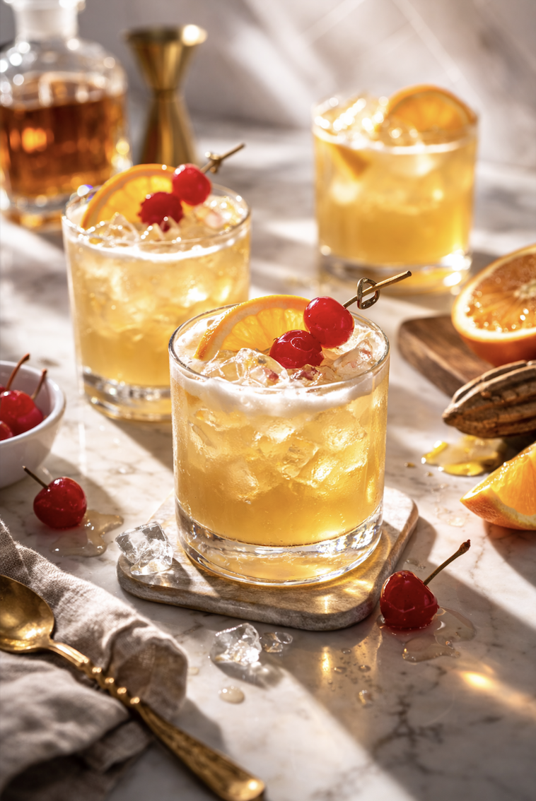 Three whiskey sour cocktails on marble surface with fresh citrus, cherries, and bar tools in warm natural light