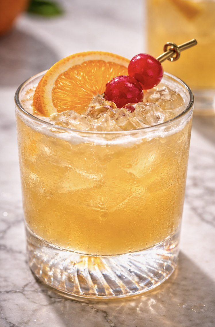 Close-up of classic whiskey sour with crushed ice, orange slice garnish, and maraschino cherries in rocks glass